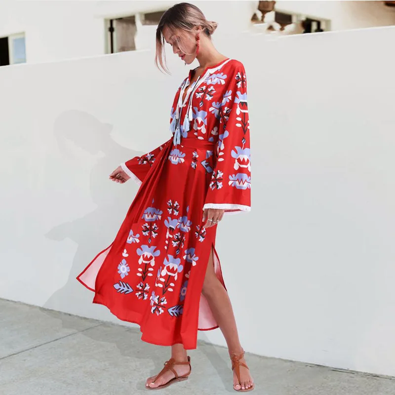 Bohemian Printing Tassel Maxi Dresses for Women Long V Neck Summer Beach Red Spring Vestidos | Женская одежда