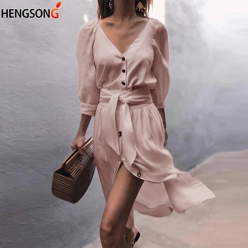 Women Elegant Dress Tight Fitting Waist 3/4 Sleeve V-neck Button Belted Dress Spring Summer women's Clothing Dresses