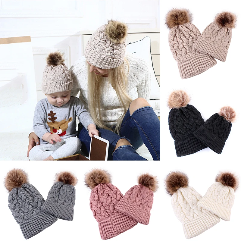 

Mon Baby Crochet Knitted Hat Women Winter Faux Fur PomPoms Hat Ball Ski Rabbit Cap Family Mathing Set Wool Beanie Cap