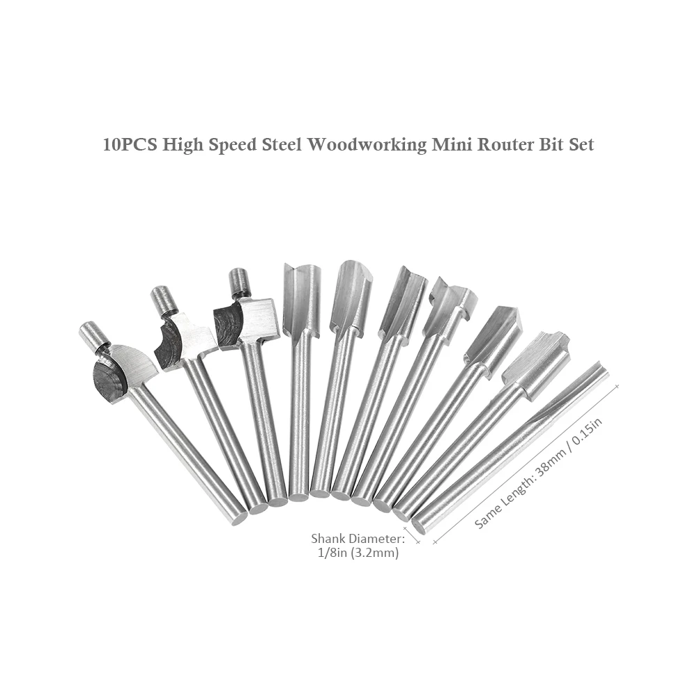 

10PCS 1/8" HSS Shank Woodworking Mini Router Bits Set Wood Cutter Milling Bit for Rotary Tool Wood Plastic Deburring Milling