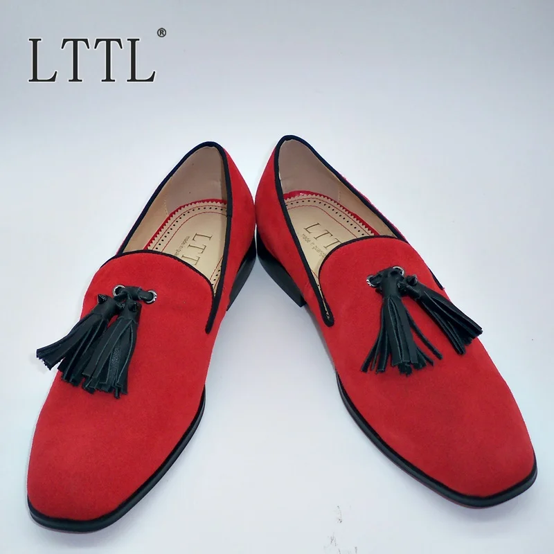 LTTL Red Cow Suede Mens Loafers Handmade Slip On Tassel Leather Shoes Men Dress Shoes Fashion