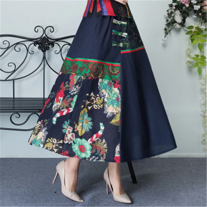 Faldas Mujer Moda лето элегантный винтажный принт А-силуэт Инди народное хлопковое белье Harajuku Этническая Горячая Мода Юбки Женские - Цвет: green flower
