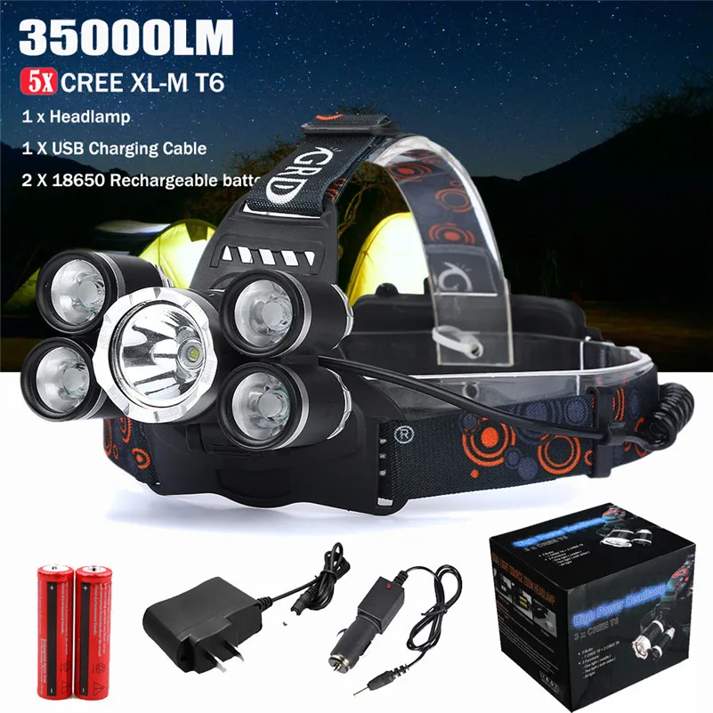 

35000LM 5x CREE XM-L T6 LED Headlamp Headlight Flashlight Head Light Lamp 18650 2017 new bicycle lights ourdoor hiking gift