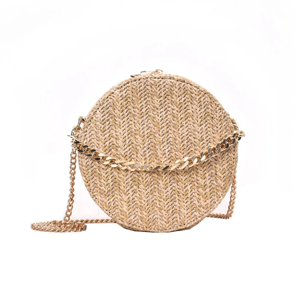 Round Straw Chain Bags Women Summer Rattan Bag Handmade Woven Beach Cross Body Bag Circle Bohemia Handbag Bali