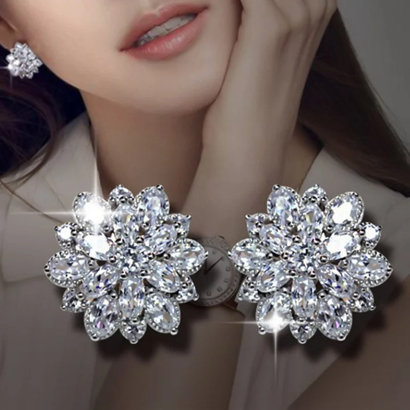 

Korea Sliver AAA Cubic Zirconia Flowers Stud Earrings For Women Luxury Bride Party Jewelry Gifts Sun Flower Earrings