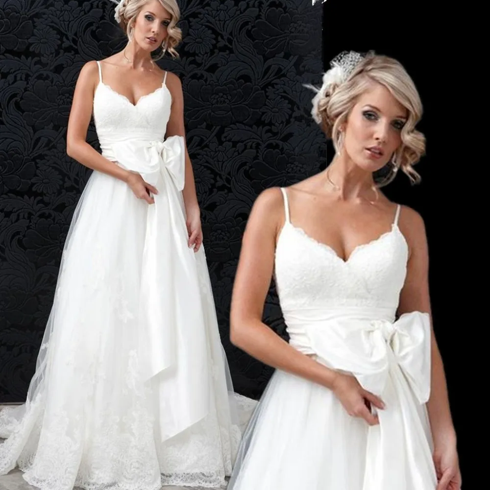 wedding dresses simple bow  V-neck sexy lace strap...