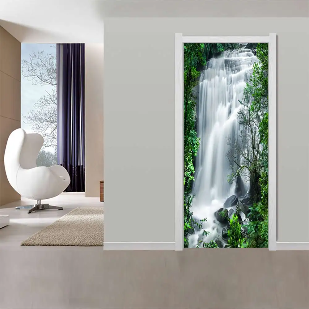 3D дверь наклейка водопад ПВХ дверь наклейка для гостиной спальни поделки ПВХ самоклеющиеся обои водонепроницаемые наклейки на обои