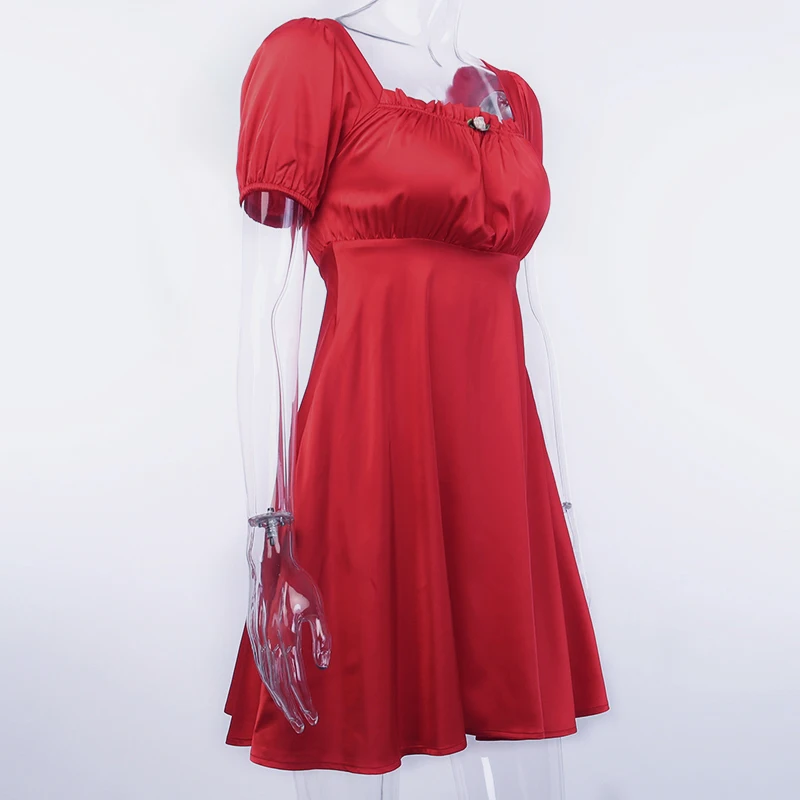 Летнее женское сексуальное платье с пышными рукавами, винтажное красное мини-платье с квадратным вырезом, женские платья для вечеринок, женское Элегантное повседневное платье