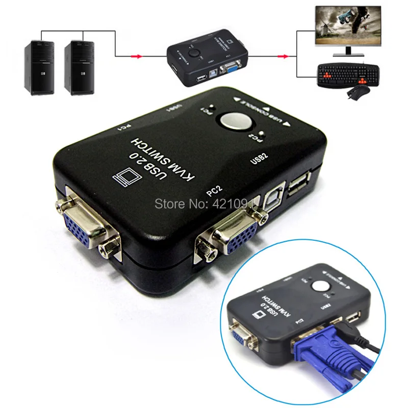  2 Ports USB 2.0 VGA SVGA KVM Switch Box Adapter 2 Computer Sharing Monitor Keyboard Mouse With Two 