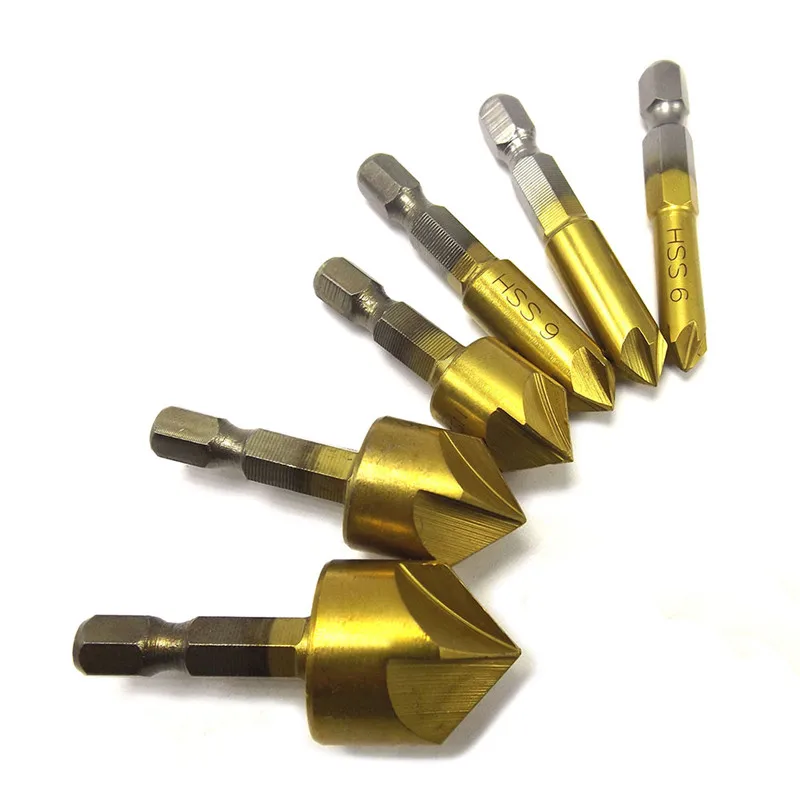 

6pcs Round shank 5 Flute HSS Hard Metals natural color Five Edge Chamfer Chamfering End Mill Cutter Countersink Drill Bit