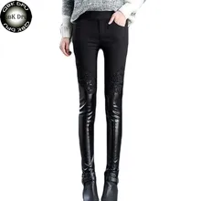 Женские сексуальные черные сплайсинговые леггинсы из искусственной кожи размера плюс, плотные теплые зимние штаны, леггинсы, обтягивающие брюки с высокой талией, женские кружевные узоры