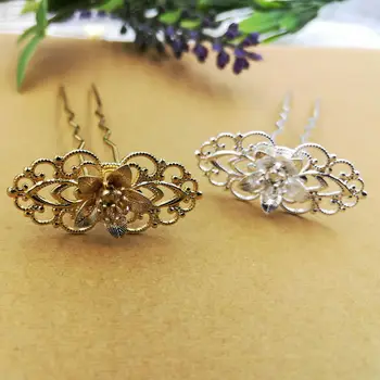 

SEA MEW 10 PCS 4 Colors Metal Copper Hairpin Flowers Hair Sticks Gold/Silver Color For Jewelry Making DIY Components