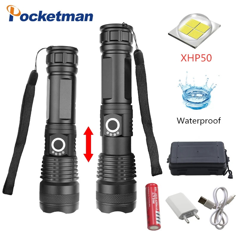 

30000 LM xhp50.2 powerful LED Flashlight usb Zoomable Torch xhp50 use 18650 Rechargeable battery hunting z90