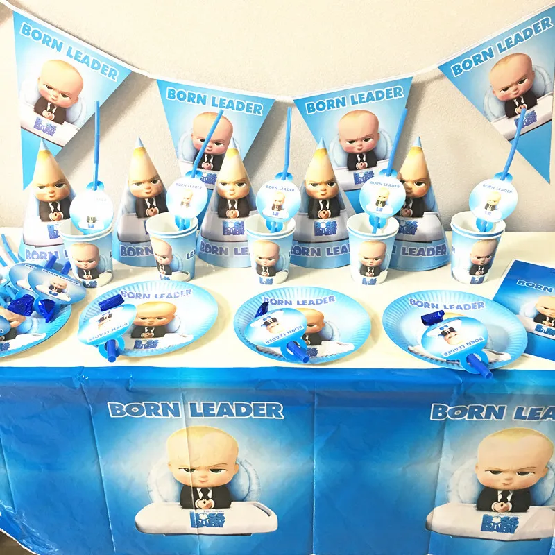 

1set Cartoon baby boss happy birthday disposable tableware decoration Blue plate cup baby shower boy decoration props kids toys