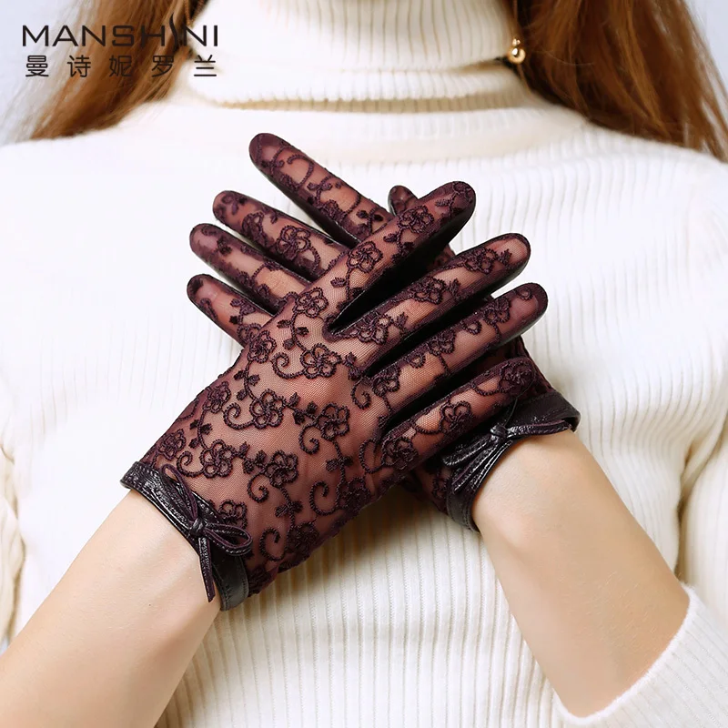 Spring And Autumn Woman New fashioned driving gloves lace block genuine leather gloves sheepskin thin slip-proof glovs L081