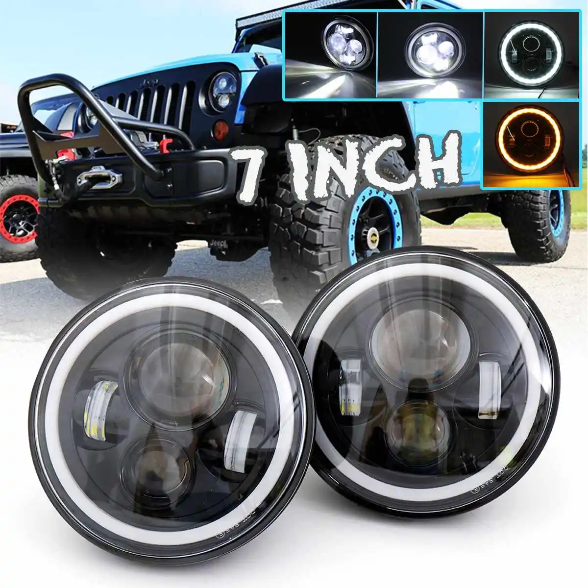 

2pcs 10-32V 4200LM 7" Round LED Headlight Hi/Low Beam Halo Angle Eye Fit For Jeep for Wrangler