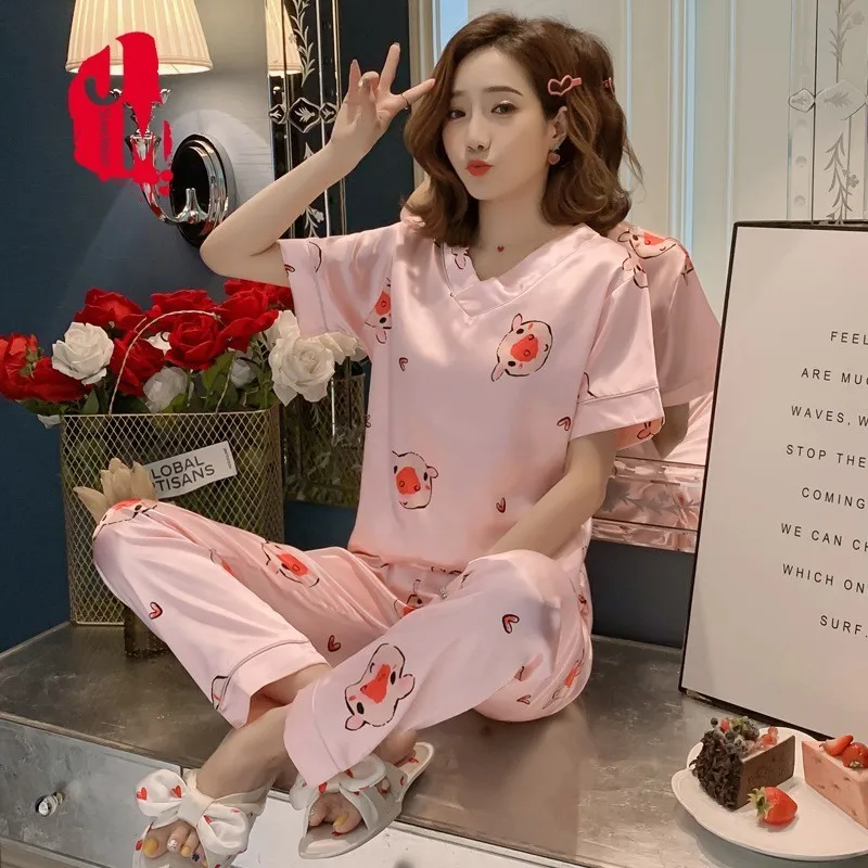 

Set Short Sleeve Sleepwear Women Summer Pyjamas Women Plus Size Print Pijamas Women Satin Homewear Silk Pajamas Women Sleep 5xl