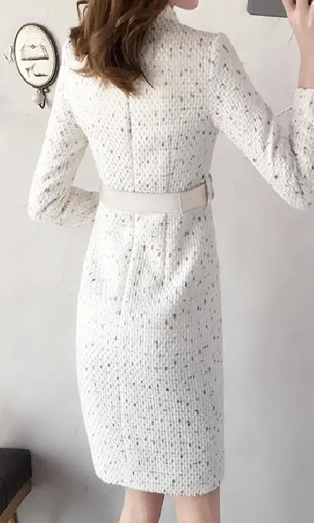 Новое поступление приталенное элегантное женское платье с жемчужными пуговицами, твидовое платье, сексуальное платье с разрезом и длинным рукавом с поясом, платье-карандаш размера плюс S-XXL