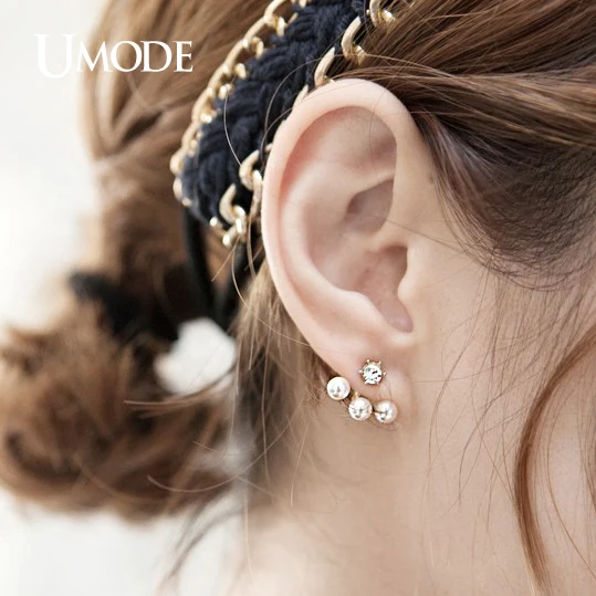 UMODE Cute Double Side Synthetic Pearl Stud Earrings With Jacket Fashion Brinco Rose Gold Color Jewelry for Women JE0255A