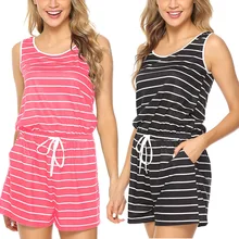 Loose Striped Jumpsuits Sleeveless Waist Drawstring Summer Women Sleeveless Shorts Playsuit female Casual Rompers wholesale striped trim drawstring waist shorts