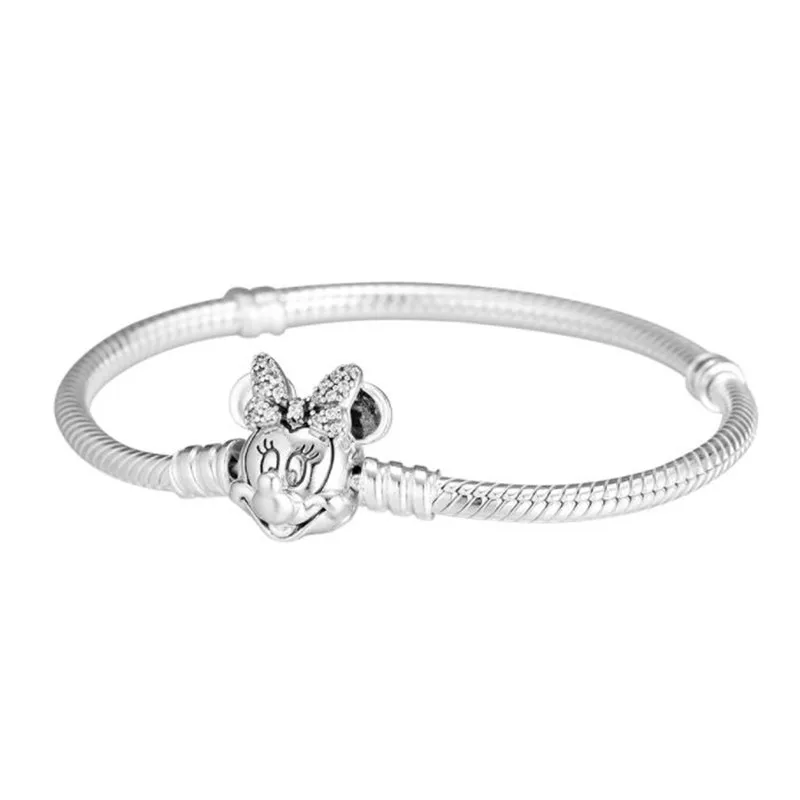 Fashion Valentine's Day 925 Sterling Silver Disny Shimmering Minnie Portrait Snake Chain Bracelet Fashion DIY Jewelry