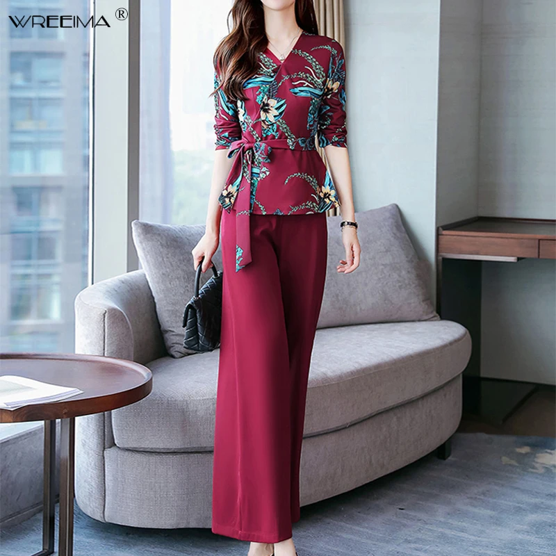 

Two Piece Set Women Long Sleeve Floral Print Tops And Wide Leg Pants Trousers Sets Suits 2019 Spring Autumn office Women's Sets