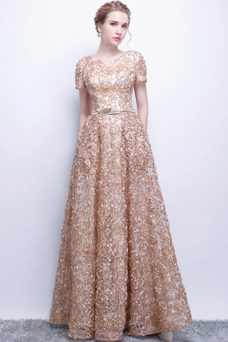 Walk Beside You Vintage Evening Dresses Long Floor Length with Belt Short Sleeves V-neck Prom Dresses 2019 Vestidos Largos De