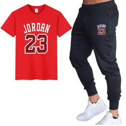 Новый Повседневный костюм мужской летний качественный Пара Спортивная Хлопок Печать Jordan 23 футболка + брюки двухсекционная модная одежда