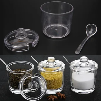 

OOTDTY Transparent Acrylic Seasoning Can With Spoon Spice Jar For Salt Sugar Pepper Powder Kitchen Supplies 8x7.5cm