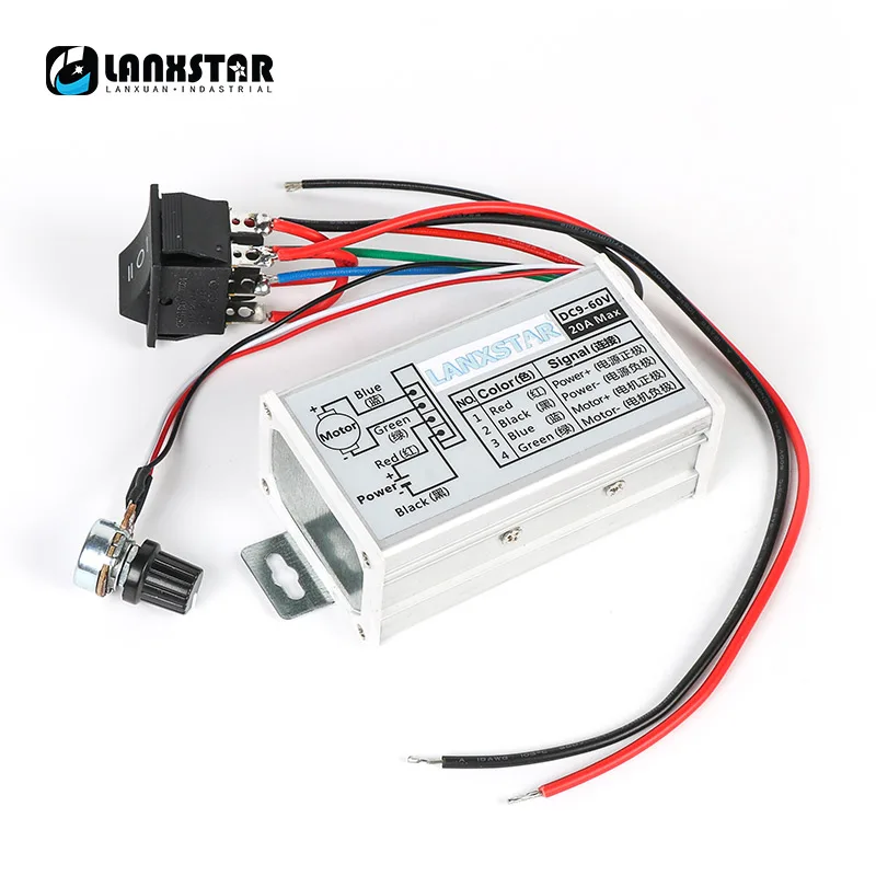 

Lanxstar 9V12V24V36V48V60V PWM DC Motor Speed Governor 20A Positive And Negative Stepless Speed Controller Metal Shell