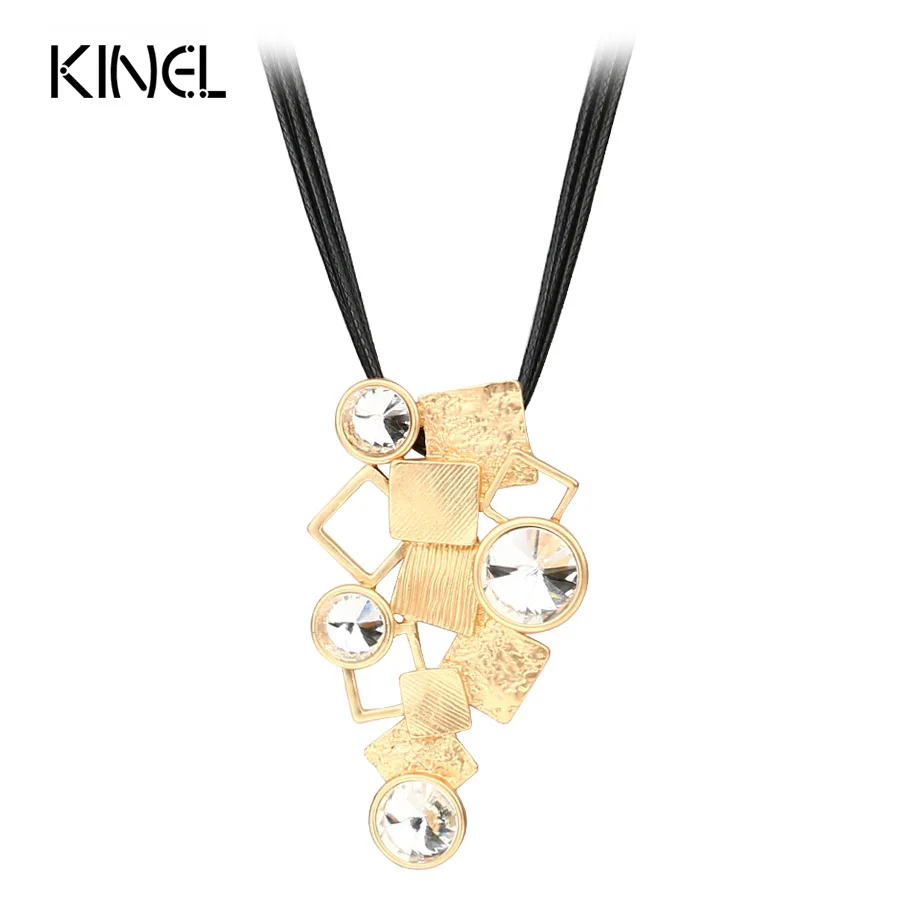 

Kinel Vintage Jewelry Fashion CZ Zircon Geometry Pendant Alloy Color Gold Black Leather Chain Statement Necklaces For Ladies