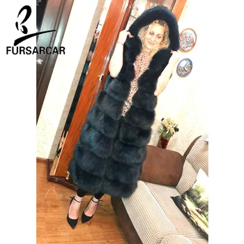 

FURSARCAR Female Fur Plus Size Jacket Women Winter Casual Thick Fur Fox With Hood Navy Blue Solid Real Fur Fox Coat Luxury