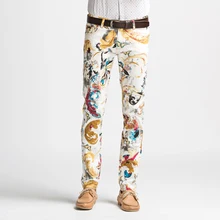 new fasion printing men jeans spring summer slim elastic prom casual pants painted flowers star singer dancer nightclub prom