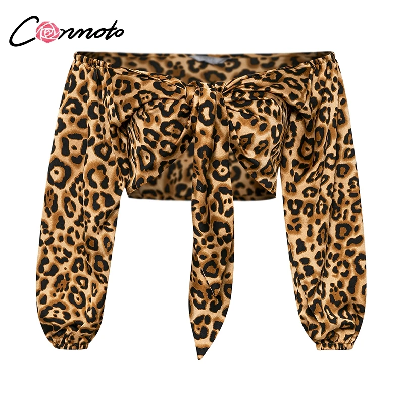 

Conmoto Off Shoulder Leopard Crop Women Tops and Blouse Casual Lantern Sleeve Feminino Sexy Waist Tie Blouse Shirt Blusa