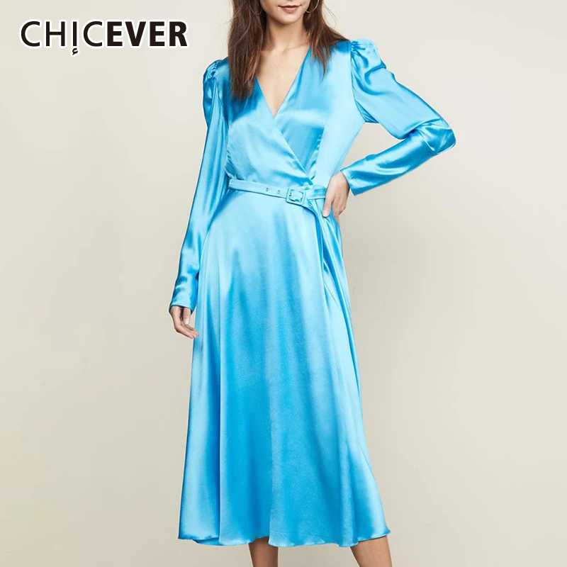 

CHICEVER Korean A Line Dresses Women V Neck Long Puff Sleeve High Waist With Sashes Slim Dress Female Fashion New 2019 Autumn