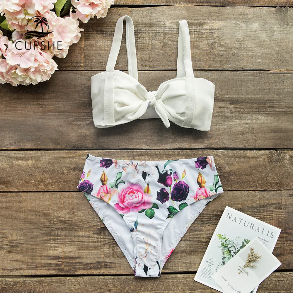 Günstig CUPSHE Solide Weiß Und Floral Front Knoten High Taille Bikini Sets Badeanzug Zwei Stück Bademode Frauen 2020 Strand badeanzüge