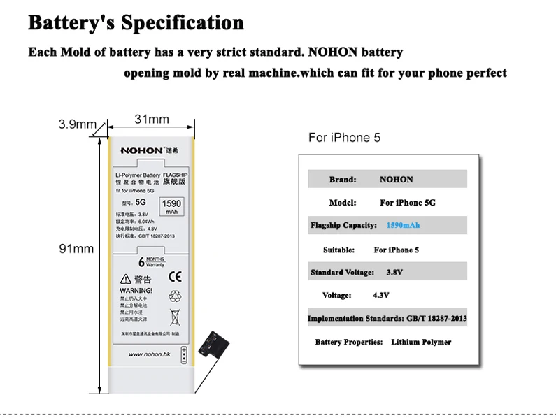 Сменная батарея NOHON для Apple iPhone 5 5G iPhone5, Высокая реальная емкость, 3,8 в, 1590 мАч, литий-полимерные литиевые батареи с инструментами