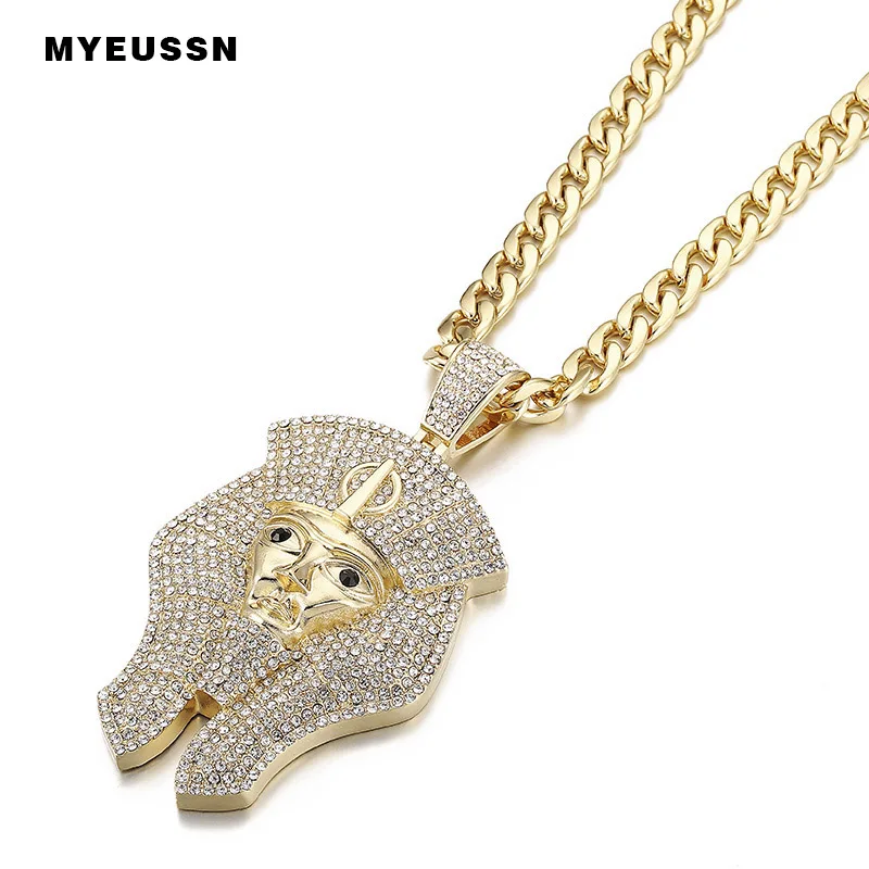 

Pharaoh Head Necklace Pendant Iced Out Shining Crystal Charm chain Necklace with cuban chain Gold Color Men Hip Hop Jewelry