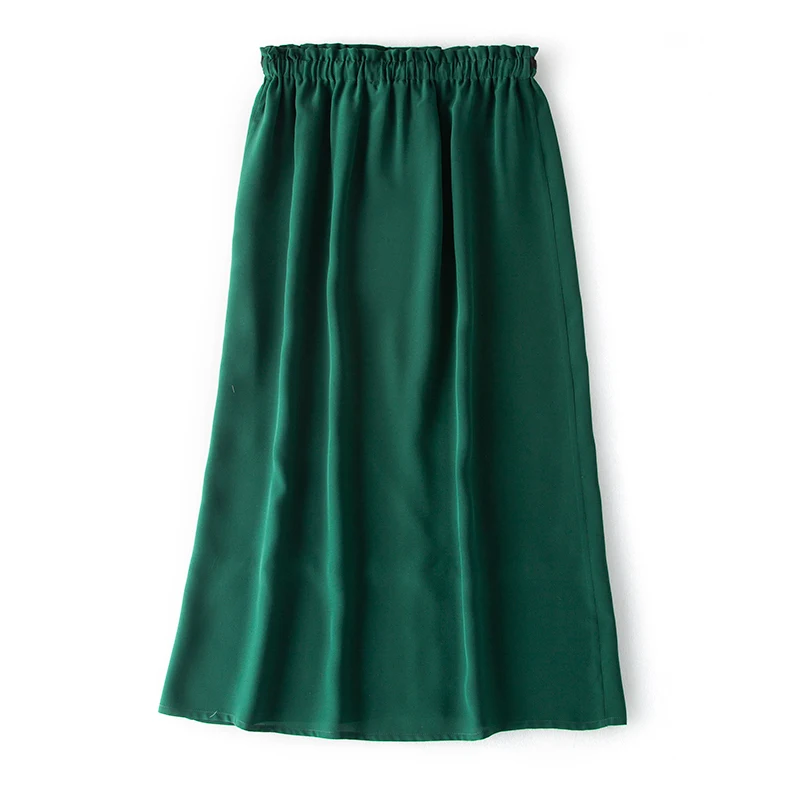 Женская шелковая юбка, натуральный шелк, креп, одноцветная, а-силуэт, юбки, OL, эластичная талия, длина до середины икры, юбка, весна-лето, новинка, зеленая