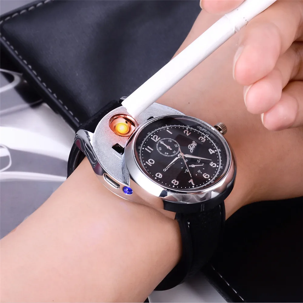 Acheter CkeyiN Rechargeable Coupe Vent Sans Flamme Cigarette Briquet USB Briquet Montres date de réveil Des Hommes Casual Quartz Montres 47