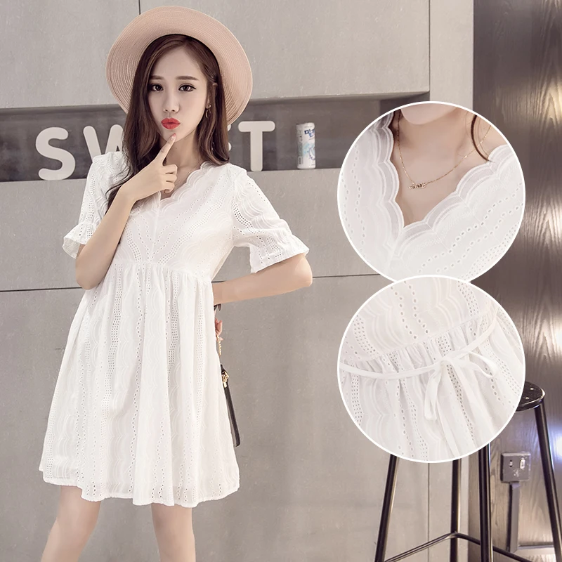 

Goaryunve Fashion Cotton Maternity Blouse 2019 Summer Short Sleeve V-neck Hollow Out Lace Shirts Long Loose Pregnant Women Dress