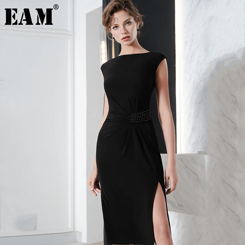 

[EAM] 2019 New Spring Summer Slash Neck Sleeveless Split Joint Irregular Brief Temperament Dress Women Fashion Tide JX420