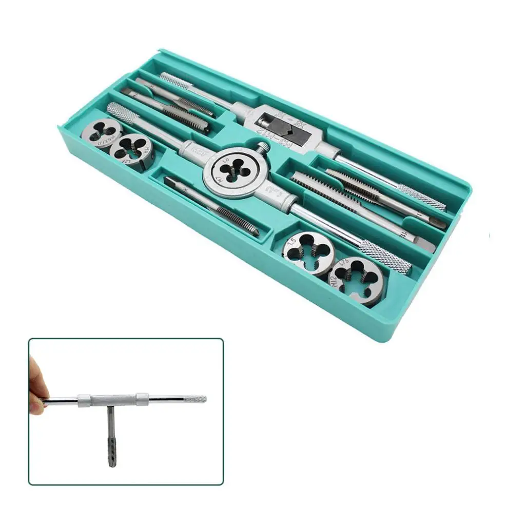 

1Set Hand Taps Metric Handle Tap and Die Set M3-M12 Adjustable Wrench Screw Thread Plugs Straight Taper Drill Repair Kits