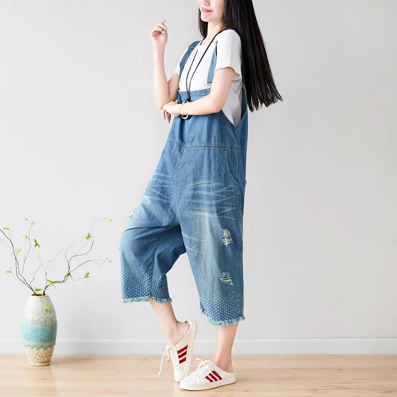 

Korean Fashion Rompers Womens Jumpsuit Plus Size Holes 2019 Spring Summer High Waist Jeans Woman Cotton Denim Overalls Trousers