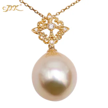 شراءJYX 2019 18 K حلية ذهبية AAA + جودة 13.5*15.5mm البيضاوي الذهبي جنوب البحر مثقف اللؤلؤ قلادة منقط مع الماس قلادة