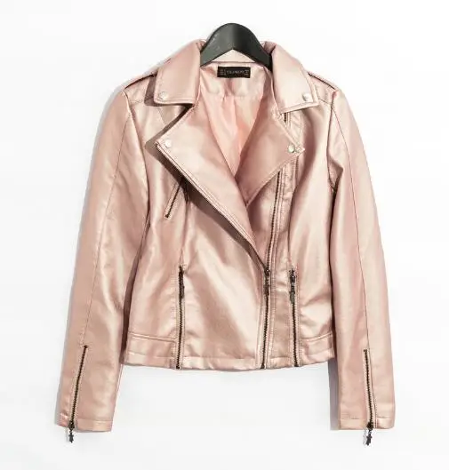 Женская куртка из искусственной кожи, металлический цвет, розовый, синий, серебристый, черный, SML, короткое пальто, осенняя, на молнии, с погоном, Прямая поставка, полная подкладка - Цвет: YLL8305 Pink