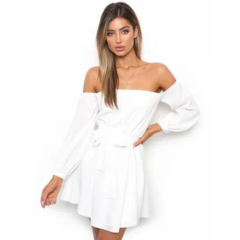 Long Sleeve Summer Dress Women Slash Neck Strapless Bandage Sexy Evening Party Dress Mini Chiffon Beach Dress Sundress Vestidos Dress Women's Women's Clothing