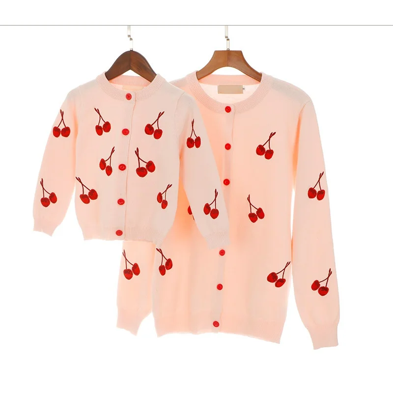 

2019 New Family Matching Clothes Mother Baby Boy Girl Kids Cherry Pattern Long Sleeve Sweaters Mother Son Daughter Outfits
