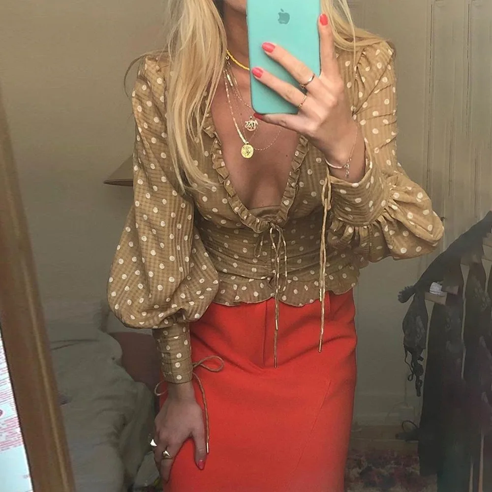 Cryptographic Casual Polka Dot Drawstring Ruched Female Shirts Fashion Lantern Long Sleeve V-Neck Woman Blouses Autumn 2019