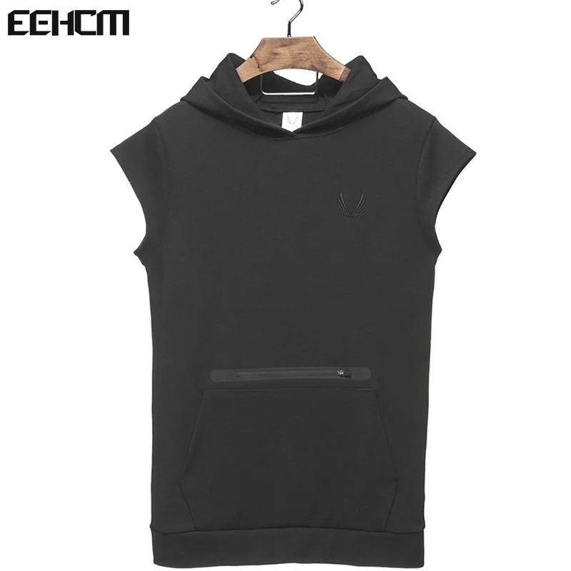 Mens Zip Pocket Sleeveless Hoodies Bodybuilding Cotton Sleeveless Top Solid Stringer Hoodie Tank